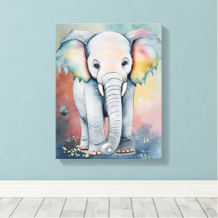 Dromerige Waterverf Baby Olifant Muurkunst Canvas Afdruk