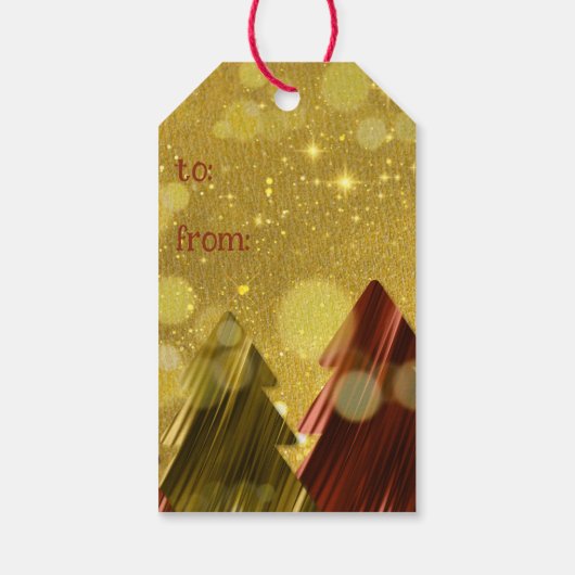 Dromerige wazige gouden en rode kerstbomen cadeaulabel (Achterkant)
