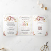 Dromerige Zachte Roze Bloemen Goud Alles in Één Hu Drieluik Uitnodiging (Binnen)