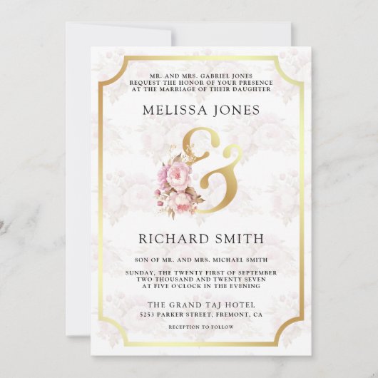 Dromerige zachte roze bloemige gouden alles-in-één kaart (Voorkant)