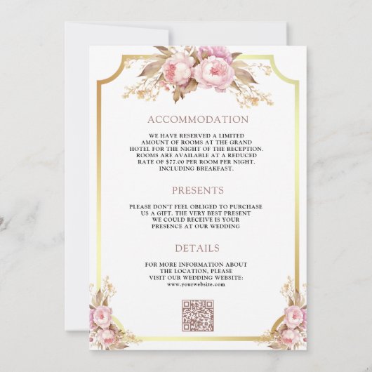 Dromerige zachte roze bloemige gouden alles-in-één kaart (Achterkant)