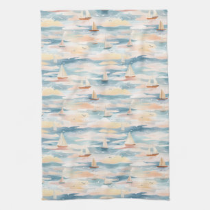 Dromerige zeilboten Oceaan Aquarel Patroon (3) Theedoek
