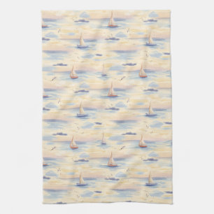Dromerige zeilboten Oceaan Watercolor Patroon (4) Theedoek