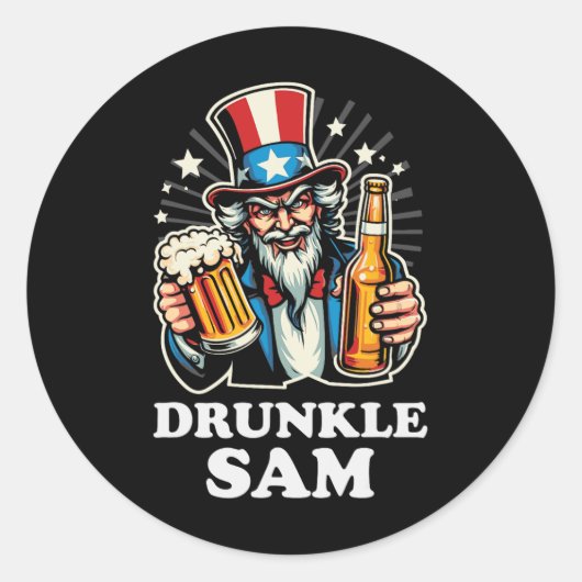 Dronken Sam Grappige 4e Juli Oom Sam Met Bier Ronde Sticker (Voorkant)