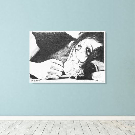 Droog meisje met roos Surrealistische tekenkunst Canvas Afdruk (Insitu (Houten vloer))