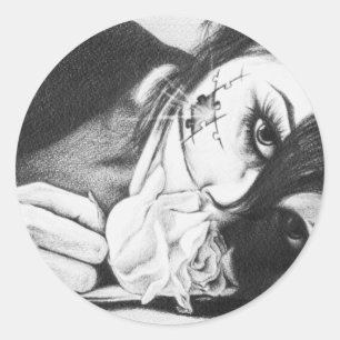 Droog meisje met roos Surrealistische tekenkunst Ronde Sticker