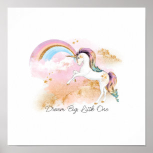 Droom groot, kleine eenhoorn en regenboog poster