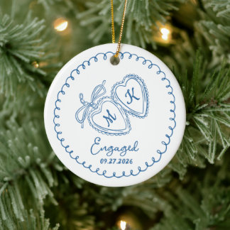 Droom Verliefd Paar Blauwe Harten Trendy Doodle Keramisch Ornament
