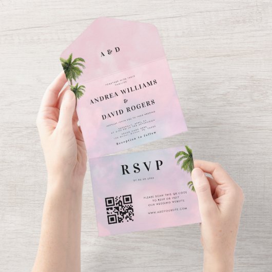 droomkatoenachtig Snoep Roze Tropische QR Code Wed All In One Uitnodiging (Afscheurbaar)
