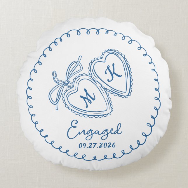 Droomkoppel met blauwe harten trendy Doodle Rond Kussen (Voorkant)