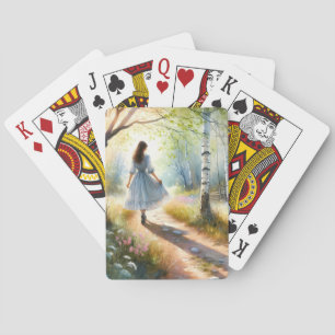 Droommeisje dat door berkenbos danst pokerkaarten