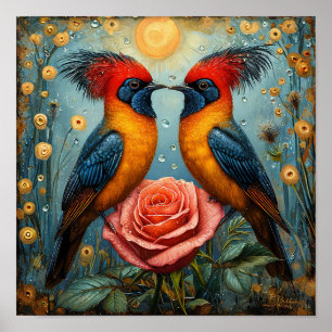 Droomromantische vogels boven roze roos poster