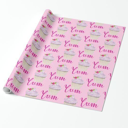 Droomroze Cupcake met Raspberry Yum! Cadeaupapier (Uitgerold)