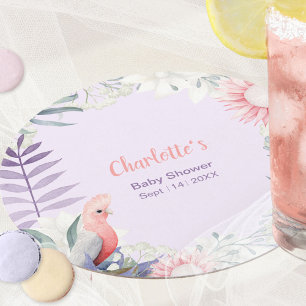 Droomstige lavendel bloem vogel baby shower ronde kartonnen onderzetter