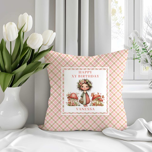 Droomstige Mooie Fee Roze Bloemen Verjaardag Kusse Kussen (Whimsical Cute Fairy Pink Flowers Birthday Pillow)