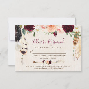 Droomvanger Maan Perzik & Burgundy Boho Bruiloft RSVP Kaartje