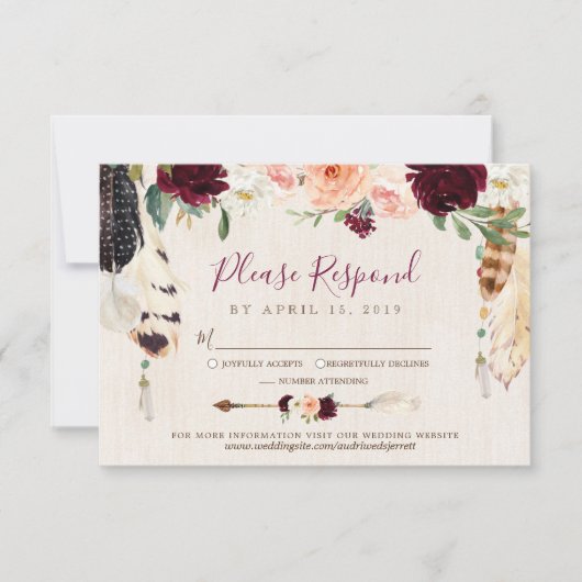 Droomvanger Maan Perzik & Burgundy Boho Bruiloft RSVP Kaartje (Voorkant)