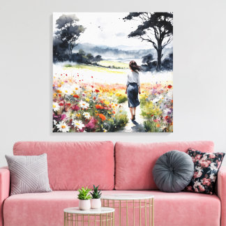 Droomveld – Aquarel Vrouw in Bloemenweide M Canvas Afdruk