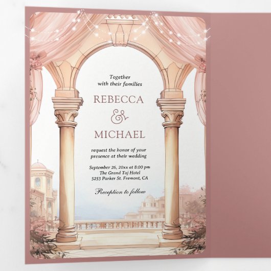 Droomy Sprookjespaleis Stoffig Roos QR Code Bruilo Drieluik Uitnodiging (Binnenzijde eerst)