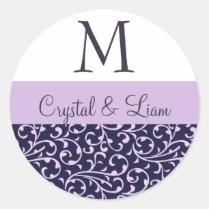 DRUIF en LILA PAARSE Damask Bruiloft Monogram Ronde Sticker