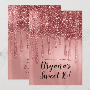 Druipend in roze gouden glitter Roze Sweet 16-fees Kaart