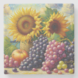 Druiven en Zonnebloemen Olieverfschilderij Stenen Onderzetter