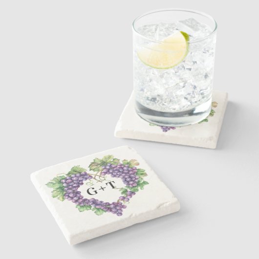 Druiven hart monogram initialen bruiloft stenen onderzetter (Zijkant)