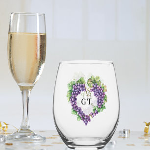 Druiven hart monogram initialen wijnglas zonder voet