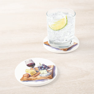 Druiven Kaas Wijn Glas Aquarel Zandsteen Onderzetter