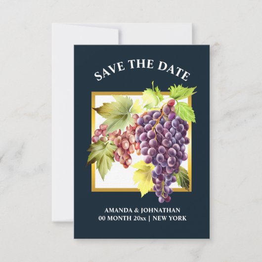 Druiven wijngaard wijnmakerij blauw groen gouden w save the date (Voorkant)