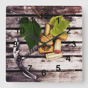 Druivenblad, kurken van wijnflessen en kschroef vierkante klok