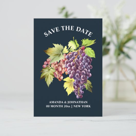 Druivenbos rode wijngaard bruiloft blauw save the date (Staand voorkant)