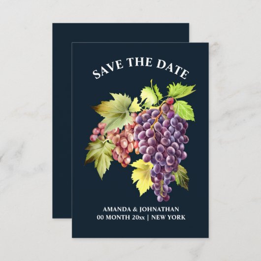 Druivenbos rode wijngaard bruiloft blauw save the date (Voorkant / Achterkant)