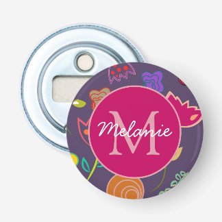 Druiventulpmotief paars gepersonaliseerd button flesopener
