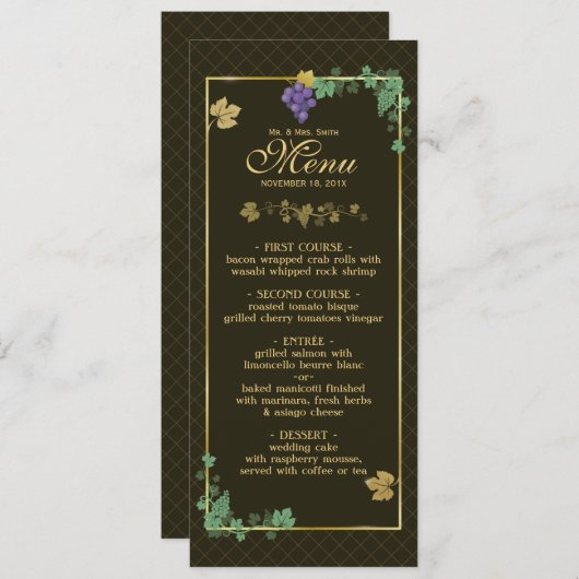 Druivenwijnstokken met Goud Lijst Bruiloft Menu Ka (Voorkant / Achterkant)