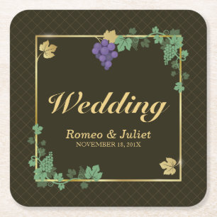 Druivenwijnstokken met Goud Lijst Trouwpapier Onde Vierkante Kartonnen Onderzetter