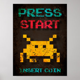 Druk op Start Insert Coin Arcade Pixel Poster