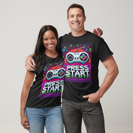 Druk op Start Retro Gaming T-shirt – Neon 80s (Unisex)