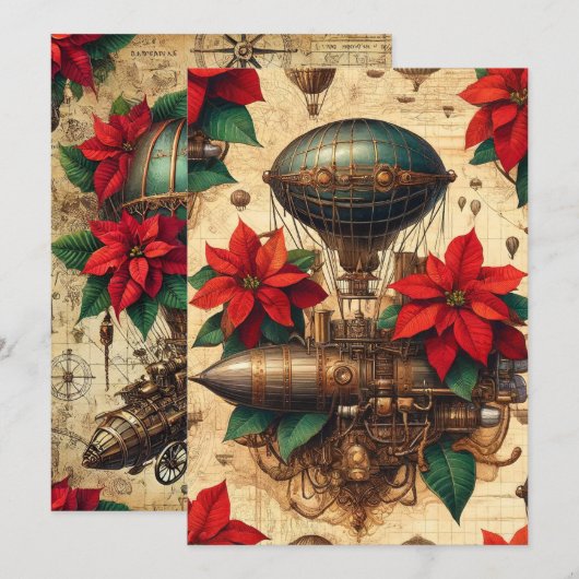 Drukbare Steampunk Airship met Poinsettia Kaart (Voorkant / Achterkant)