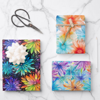 Drukke Bloemen Tie Dye patroon set 3 Inpakpapier Vel