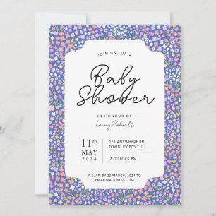 Drukke Ditsy Floral Pink en Indigo Blue Baby showe Kaart