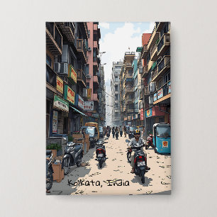 Drukke straat van het centrum van Kolkata, India Button