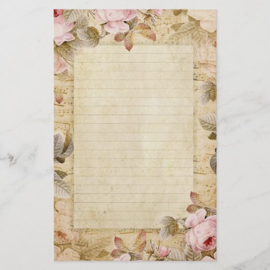 drukroze bloemen en muziek briefpapier (Voorkant)