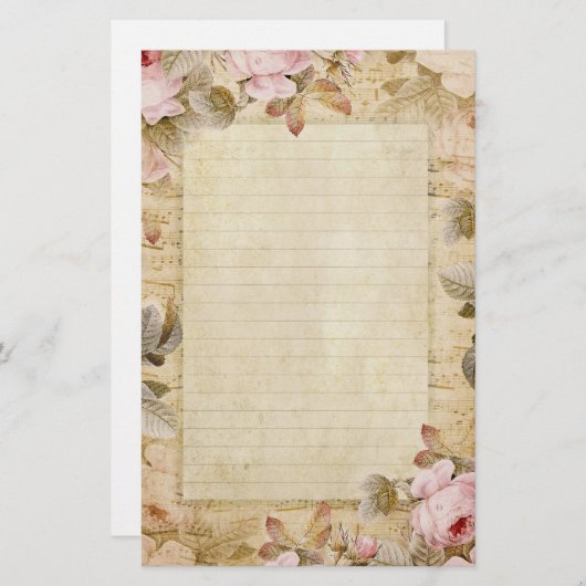 drukroze bloemen en muziek briefpapier (Voorkant / Achterkant)