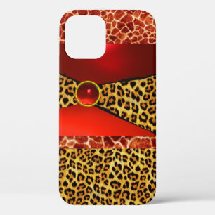 DRUKTE GIRAFFE LEOPARD HUID ROOD RUBY GEMSTONE iPhone 12 HOESJE
