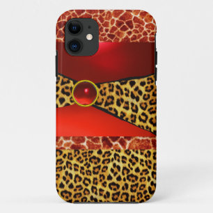 DRUKTE GIRAFFE LEOPARD HUID ROOD RUBY GEMSTONE iPhone 11 HOESJE