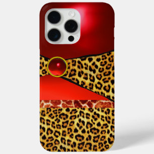 DRUKTE GIRAFFE LEOPARD HUID ROOD RUBY GEMSTONE iPhone 15 PRO MAX HOESJE