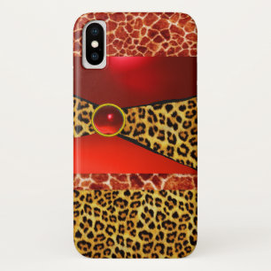 DRUKTE GIRAFFE LEOPARD HUID ROOD RUBY GEMSTONE iPhone X HOESJE