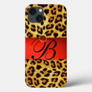 DRUKTE LEOPARD FUR RED RUBY GEMSTONE MONOGRAM, iPhone 13 HOESJE