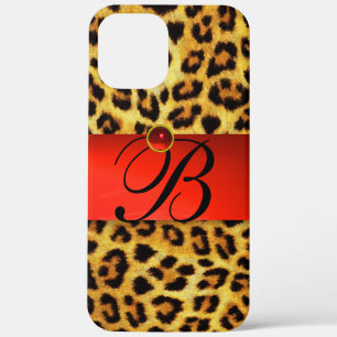 DRUKTE LEOPARD FUR RED RUBY GEMSTONE MONOGRAM, iPhone 12 PRO MAX HOESJE
